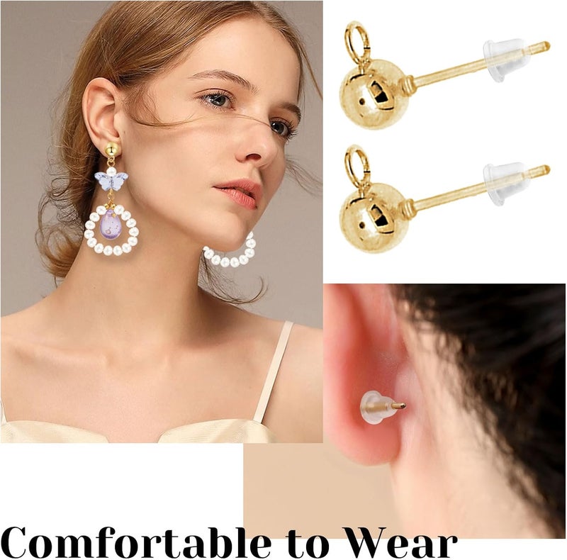 Oubaka 320Pcs Ball Post Earring Studs Set for Jewelry Making,120Pcs Round Ball Earring Posts Hypoallergenic Earring Posts Round Ball Ear Pin with 200Pcs Clear Earring Backs for DIY Jewelry Making(K Gold) - Image 5